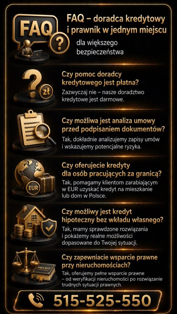 Profesjonalne doradztwo kredytowe i prawne odpowiada na pytania dotyczące kredytu hipotecznego, analizy umów oraz finansowania dla osób pracujących za granicą. Grafika prezentuje wsparcie przy wkładzie własnym i bezpieczeństwie nieruchomości.