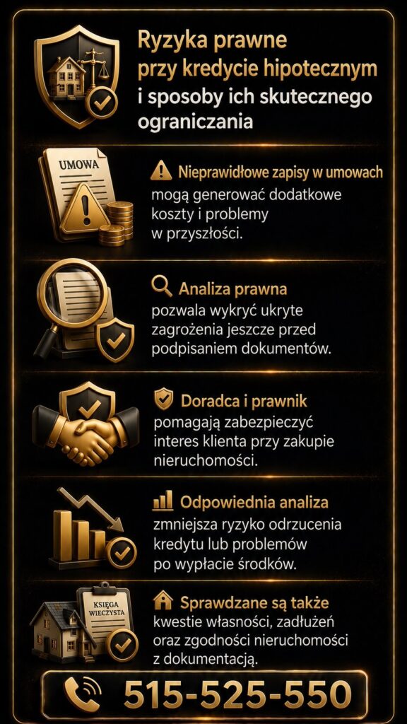 Doradca kredytowy prawnik pomaga ograniczyć ryzyka prawne przy kredycie hipotecznym i zakupie nieruchomości. Grafika przedstawia analizę dokumentów, kontrolę zapisów umowy, sprawdzanie księgi wieczystej oraz ochronę klienta przed kosztownymi błędami.