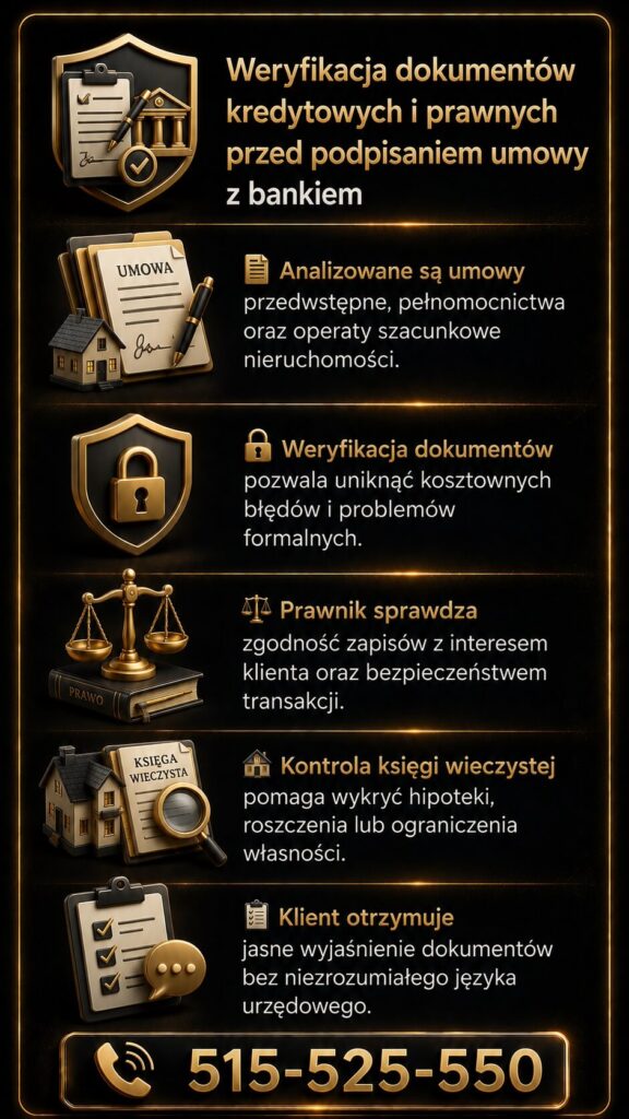 Doradca kredytowy prawnik analizuje dokumenty kredytowe i prawne przed podpisaniem umowy z bankiem. Grafika przedstawia kontrolę księgi wieczystej, weryfikację zapisów umowy oraz wsparcie klienta przy bezpiecznym zakupie nieruchomości i kredycie hipotecznym.
