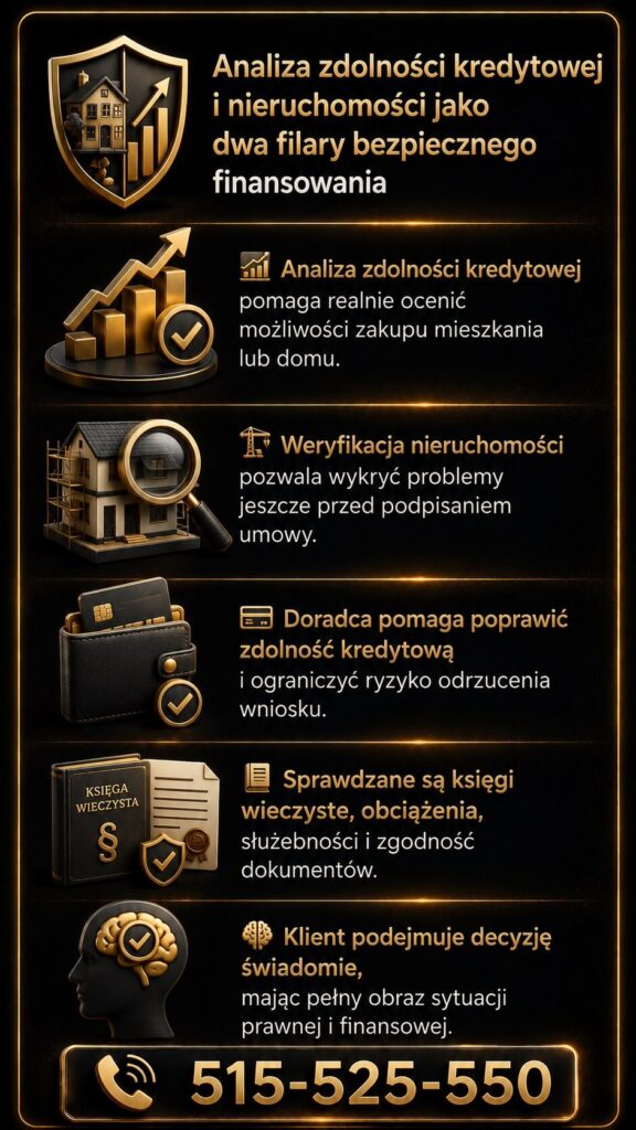 Doradca kredytowy prawnik pomaga analizować zdolność kredytową i stan prawny nieruchomości przed podpisaniem umowy. Grafika prezentuje bezpieczne finansowanie, kontrolę księgi wieczystej oraz wsparcie przy kredycie hipotecznym na dom lub mieszkanie.