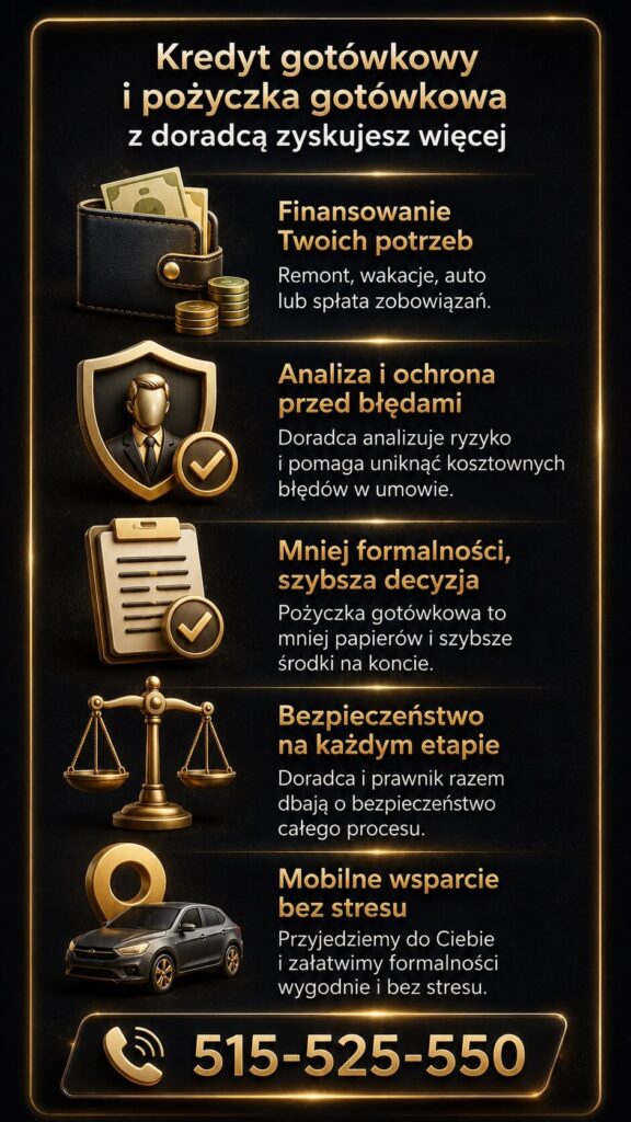 Kredyt gotówkowy z pomocą doradcy kredytowego i prawnika to większe bezpieczeństwo, mniej formalności i szybsza decyzja banku. Grafika pokazuje wsparcie przy analizie umowy, finansowaniu potrzeb, mobilnym doradztwie oraz ochronie klienta przed błędami finansowymi.