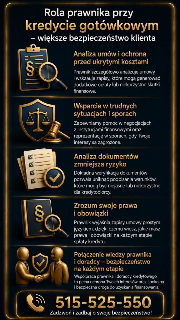 Finansowanie gotówkowe z pomocą prawnika zwiększa bezpieczeństwo klienta i ogranicza ryzyko ukrytych kosztów. Grafika prezentuje analizę umów, wsparcie w sporach, weryfikację dokumentów oraz ochronę interesów kredytobiorcy podczas procesu kredytowego.