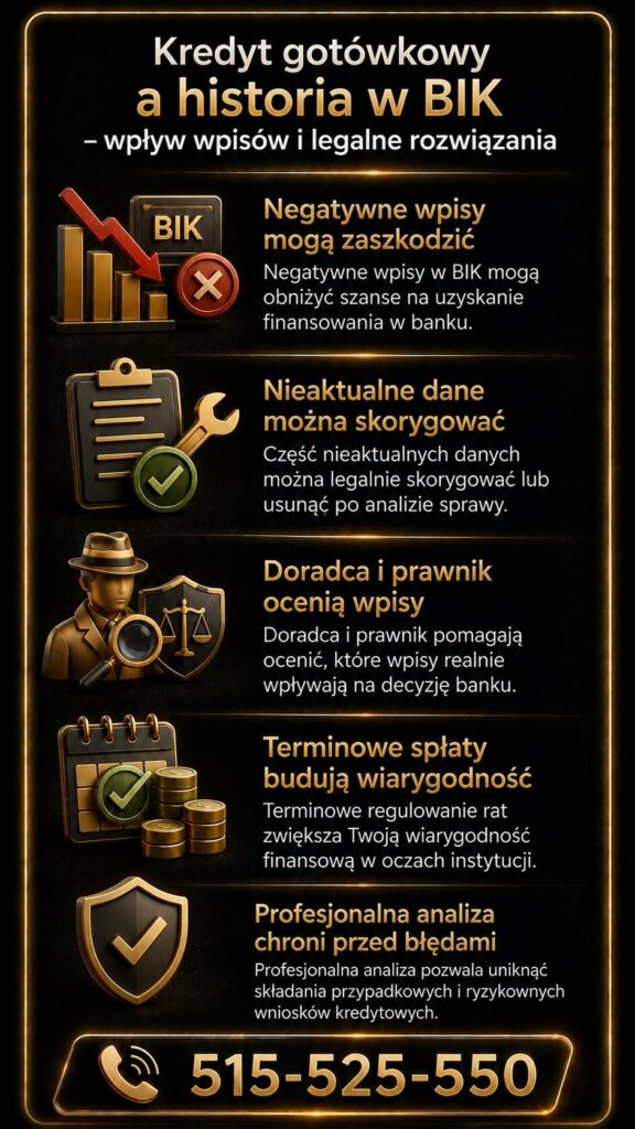 Kredyt gotówkowy a historia w BIK – grafika wyjaśniająca wpływ negatywnych wpisów na decyzję banku oraz możliwości legalnej korekty danych. Materiał pokazuje rolę doradcy kredytowego i prawnika w analizie wpisów oraz poprawie wiarygodności klienta.
