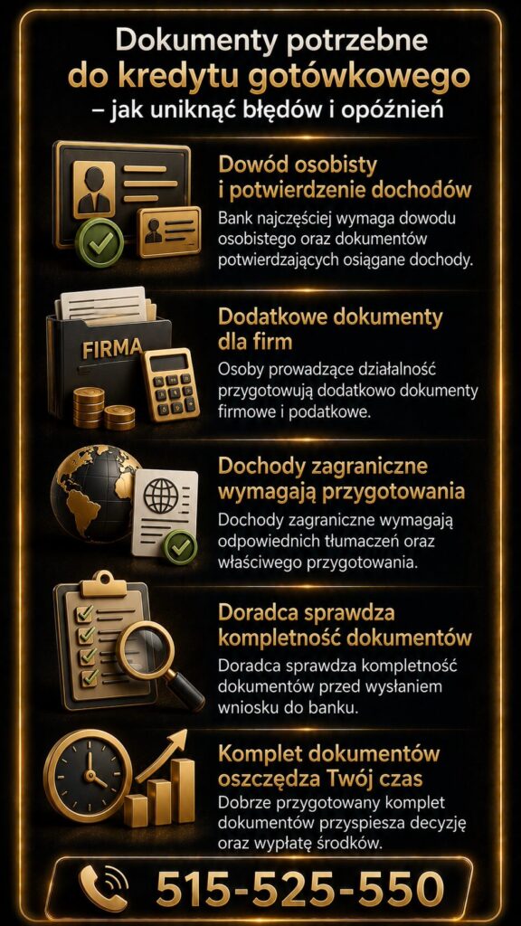 Finansowanie gotówkowe wymaga odpowiednich dokumentów i poprawnego przygotowania wniosku. Grafika przedstawia dokumenty potrzebne do uzyskania pożyczki gotówkowej, dochody zagraniczne, dokumenty firmowe oraz kontrolę kompletności przez doradcę kredytowego.