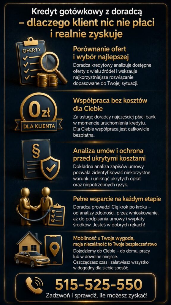 Pożyczka gotówkowa z doradcą kredytowym to analiza ofert, brak kosztów dla klienta oraz wsparcie prawne podczas podpisywania umowy. Grafika pokazuje korzyści współpracy, negocjowanie warunków kredytu oraz mobilne doradztwo finansowe.