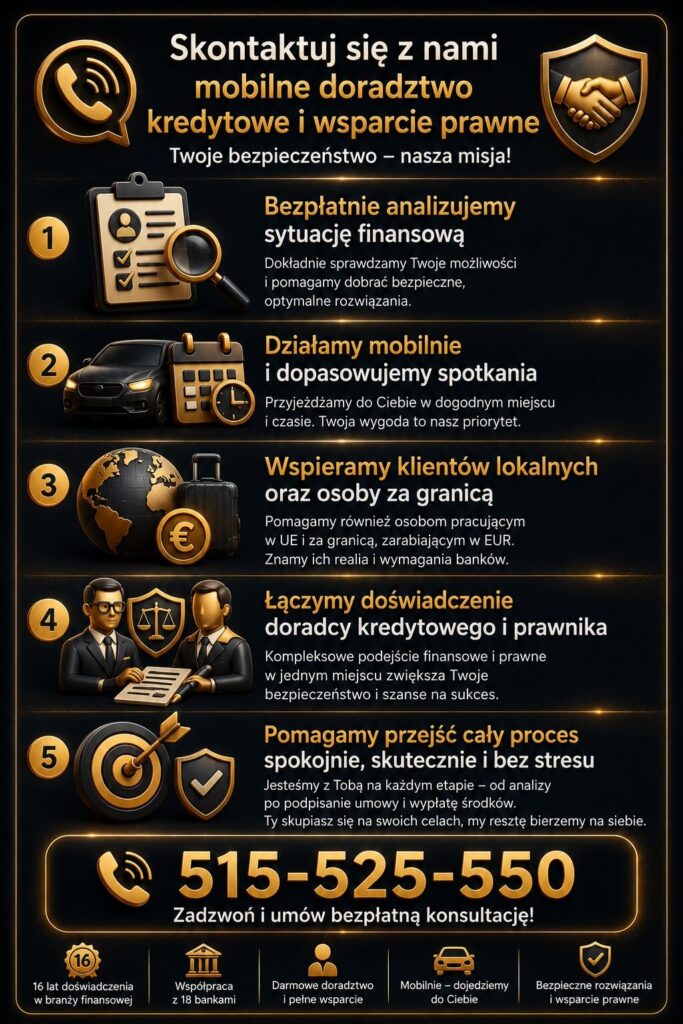 Doradztwo kredytowe i prawne w modelu mobilnym – grafika prezentująca bezpłatną analizę sytuacji finansowej, wsparcie klientów pracujących za granicą, elastyczne spotkania oraz kompleksową pomoc przy uzyskaniu kredytu i pożyczki gotówkowej.