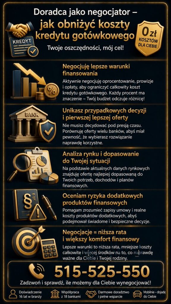 Pożyczka gotówkowa i negocjacje warunków finansowania z doradcą kredytowym pomagają obniżyć koszty kredytu. Grafika pokazuje analizę ofert, ocenę ryzyka, negocjowanie oprocentowania oraz dopasowanie raty do możliwości klienta i budżetu domowego.