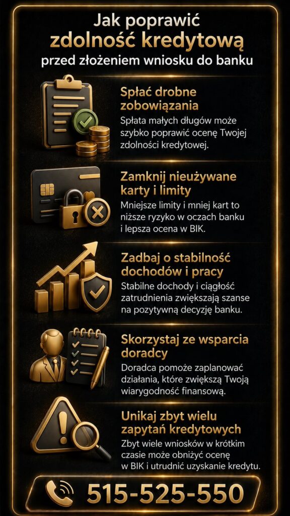 Kredyt gotówkowy i poprawa zdolności kredytowej przed złożeniem wniosku do banku. Grafika pokazuje jak spłata zobowiązań, zamknięcie limitów, stabilne dochody i wsparcie doradcy kredytowego pomagają zwiększyć szanse na pozytywną decyzję.