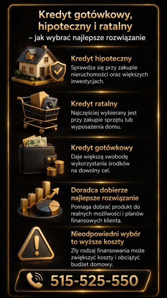 Kredyt gotówkowy, hipoteczny i ratalny – grafika porównująca różne formy finansowania oraz pomoc doradcy kredytowego przy wyborze najlepszego rozwiązania. Materiał pokazuje różnice między kredytem na mieszkanie, zakup sprzętu oraz finansowaniem dowolnych celów.
