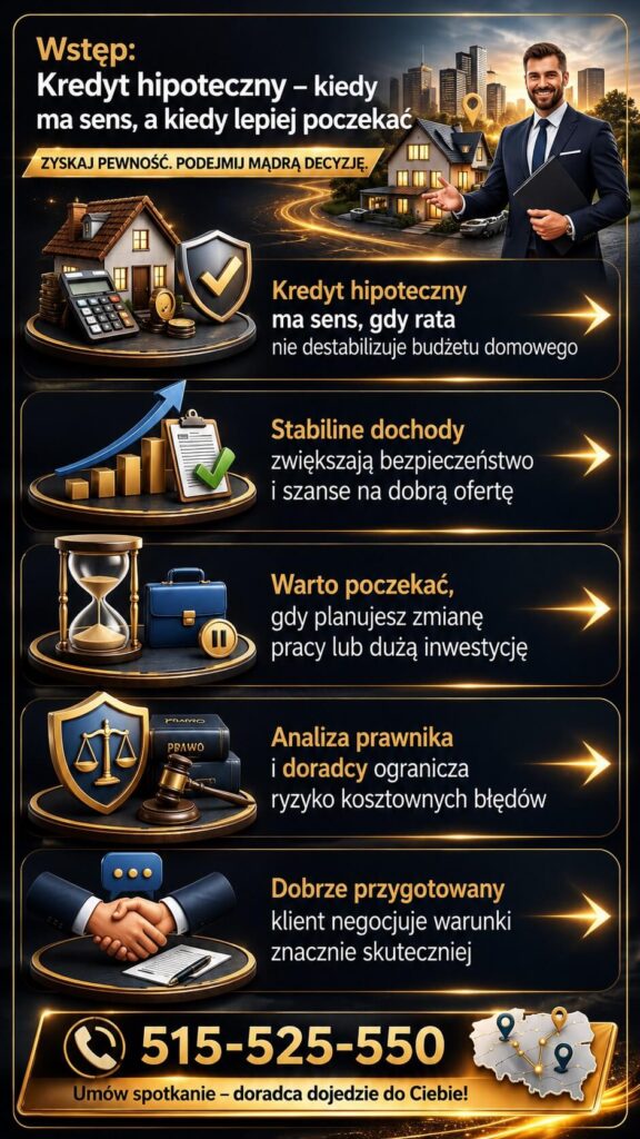 Kredyt hipoteczny – grafika pokazująca kiedy kredyt na mieszkanie ma sens, a kiedy warto poczekać. Doradca kredytowy i prawnik analizują zdolność kredytową, bezpieczeństwo finansowe oraz ryzyka związane z zakupem nieruchomości i wyborem oferty banku.