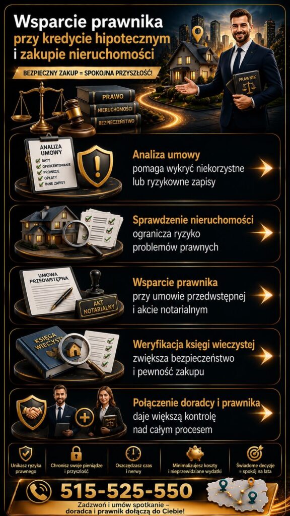 Doradztwo przy kredycie hipotecznym – analiza prawna nieruchomości, umowy i księgi wieczystej przed zakupem domu lub mieszkania. Grafika przedstawia współpracę doradcy kredytowego i prawnika zwiększającą bezpieczeństwo całej transakcji.