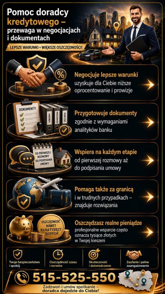 Doradca kredytowy – profesjonalne wsparcie przy negocjacji warunków kredytu hipotecznego oraz kompletowaniu dokumentów. Grafika pokazuje pomoc klientom lokalnym i pracującym za granicą w uzyskaniu korzystnego kredytu na dom lub mieszkanie.
