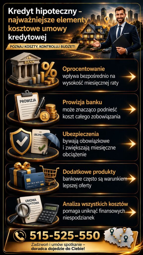 Kredyt hipoteczny – elementy kosztowe umowy kredytowej wpływające na wysokość raty i całkowity koszt zobowiązania. Grafika przedstawia oprocentowanie, prowizje, ubezpieczenia oraz dodatkowe produkty bankowe analizowane przez eksperta kredytowego.