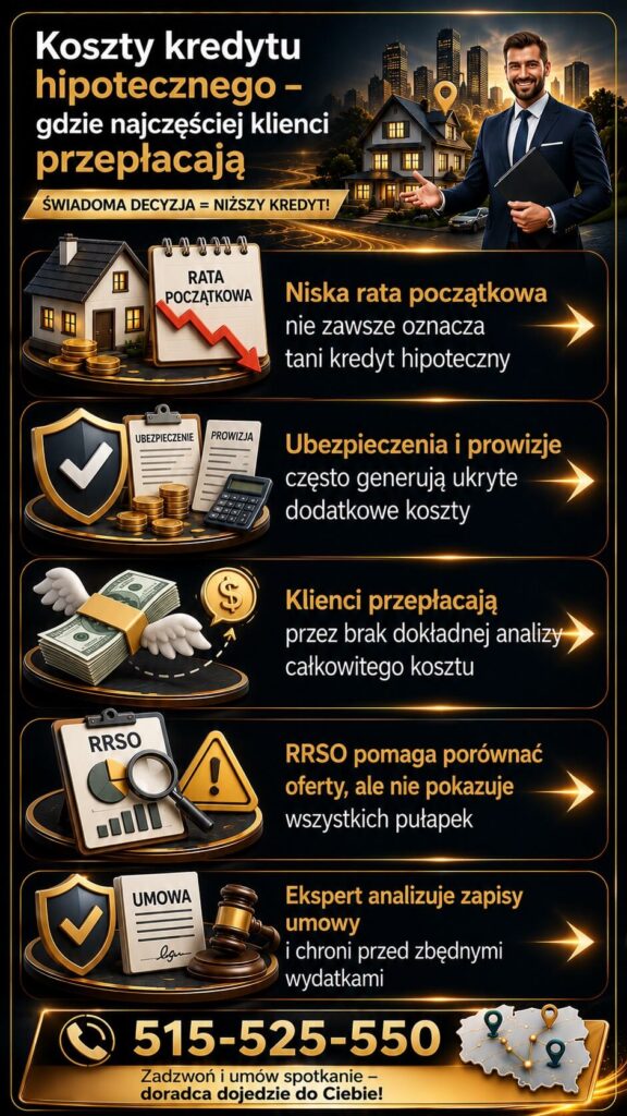 Kredyt hipoteczny – najważniejsze koszty kredytu mieszkaniowego i błędy powodujące przepłacanie. Grafika pokazuje znaczenie RRSO, prowizji, ubezpieczeń oraz analizy całkowitego kosztu kredytu hipotecznego przed podpisaniem umowy z bankiem.