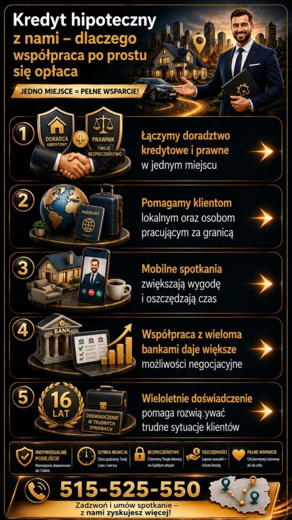 Kredyty hipoteczne – kompleksowe wsparcie doradcy kredytowego i prawnika w jednym miejscu. Grafika pokazuje mobilne spotkania, pomoc osobom pracującym za granicą, współpracę z wieloma bankami oraz doświadczenie w trudnych sprawach kredytowych.