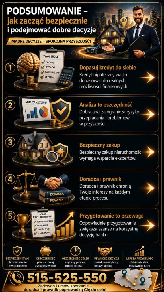 Ekspert kredytowy – podsumowanie najważniejszych zasad bezpiecznego wyboru kredytu hipotecznego. Grafika prezentuje analizę kosztów, dopasowanie rat do budżetu, wsparcie prawnika oraz przygotowanie zwiększające szanse na dobrą decyzję banku.