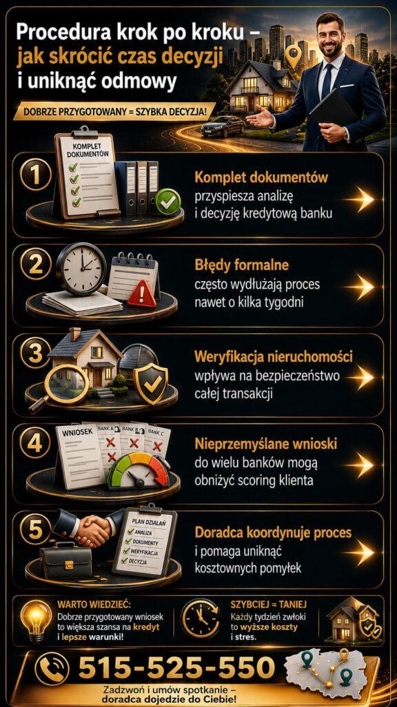 Kredyt mieszkaniowy – procedura krok po kroku od kompletowania dokumentów do decyzji banku. Grafika pokazuje analizę zdolności kredytowej, weryfikację nieruchomości oraz wsparcie eksperta pomagające uniknąć opóźnień i odmowy kredytu.