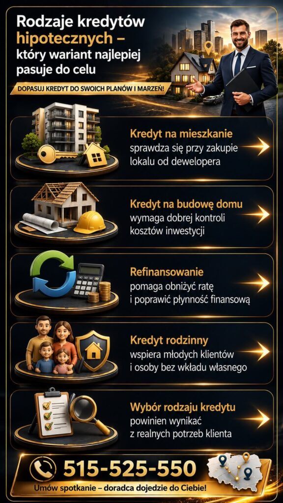 Kredyt hipoteczny – rodzaje finansowania nieruchomości, w tym kredyt na mieszkanie, kredyt na budowę domu, refinansowanie oraz kredyt rodzinny. Grafika przedstawia doradcę kredytowego pomagającego dobrać rozwiązanie do potrzeb klienta i celu inwestycji.
