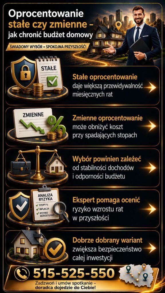 Finansowanie hipoteczne – porównanie stałego i zmiennego oprocentowania przy kredycie na mieszkanie lub dom. Grafika pokazuje wpływ stóp procentowych na raty, bezpieczeństwo budżetu oraz analizę ryzyka wykonywaną przez doradcę kredytowego.