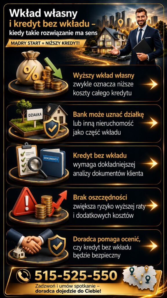 Kredyt hipoteczny – wkład własny i możliwości uzyskania finansowania bez oszczędności. Grafika wyjaśnia wpływ wkładu własnego na koszty kredytu, zdolność kredytową oraz bezpieczeństwo klienta przy zakupie nieruchomości i analizie dokumentów.