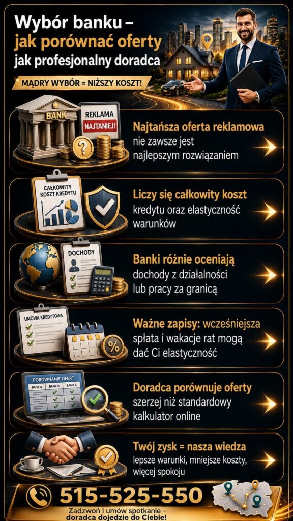 Kredyt na mieszkanie – jak porównywać oferty banków i nie przepłacić za finansowanie nieruchomości. Grafika prezentuje analizę całkowitego kosztu kredytu, elastyczność warunków oraz wsparcie doradcy kredytowego przy wyborze najlepszej oferty.