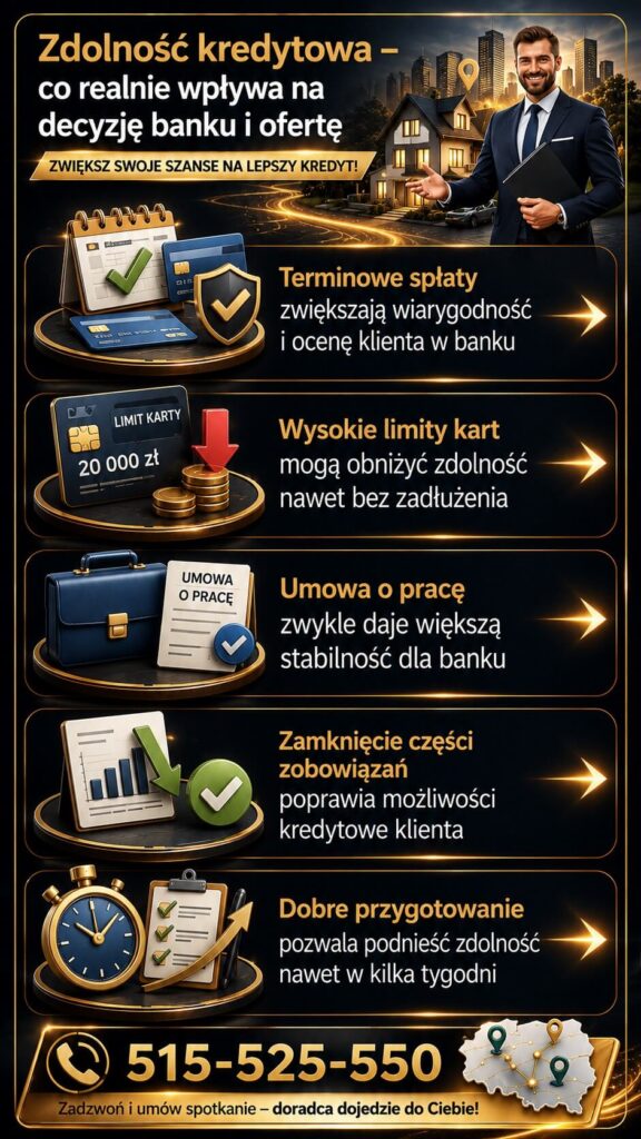 Kredyt hipoteczny – zdolność kredytowa i czynniki wpływające na decyzję banku. Grafika prezentuje terminowe spłaty, limity kart, stabilność zatrudnienia oraz przygotowanie dokumentów zwiększające szanse na korzystny kredyt na dom lub mieszkanie.