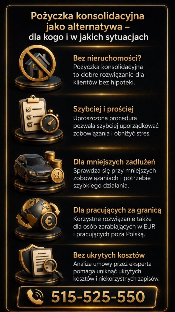 Kredyt konsolidacyjny i pożyczka konsolidacyjna dla osób bez nieruchomości oraz klientów pracujących za granicą w EUR. Grafika pokazuje uproszczone procedury, szybszą decyzję, analizę umowy i bezpieczne uporządkowanie zobowiązań finansowych.