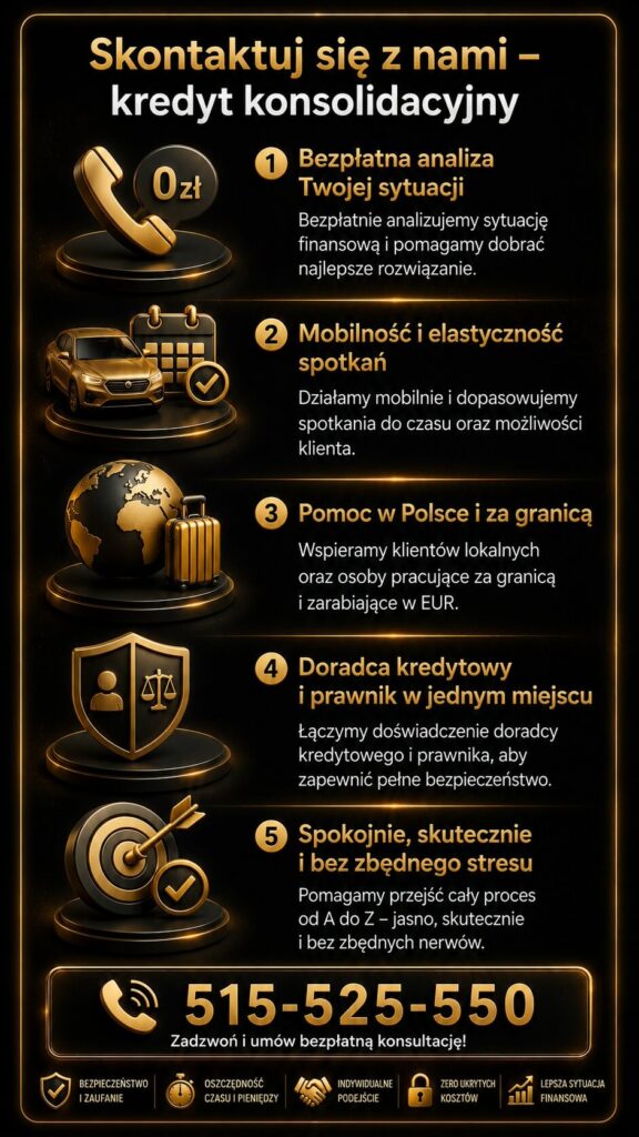 Ekspert od konsolidacji kredytów i pożyczek oferujący bezpłatną analizę sytuacji finansowej oraz mobilne wsparcie klienta. Infografika pokazuje pomoc dla osób w Polsce i za granicą, doradcę kredytowego i prawnika w jednym miejscu oraz szybki kontakt.