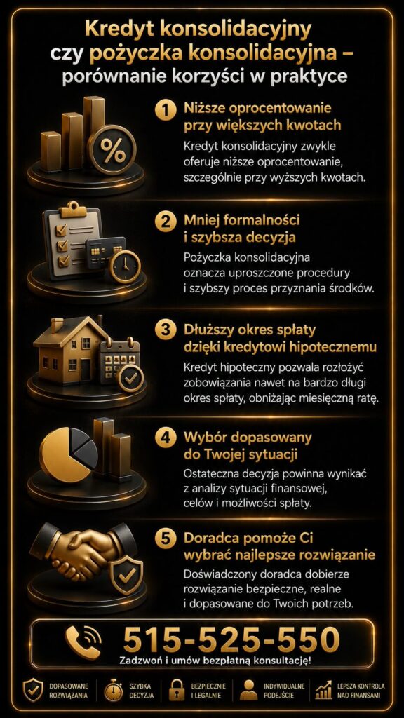 Połączenie zobowiązań w jeden kredyt konsolidacyjny lub pożyczkę konsolidacyjną z korzyściami dla domowego budżetu. Infografika przedstawia niższe oprocentowanie, szybszą decyzję, dłuższy okres spłaty i indywidualne dopasowanie rozwiązania.