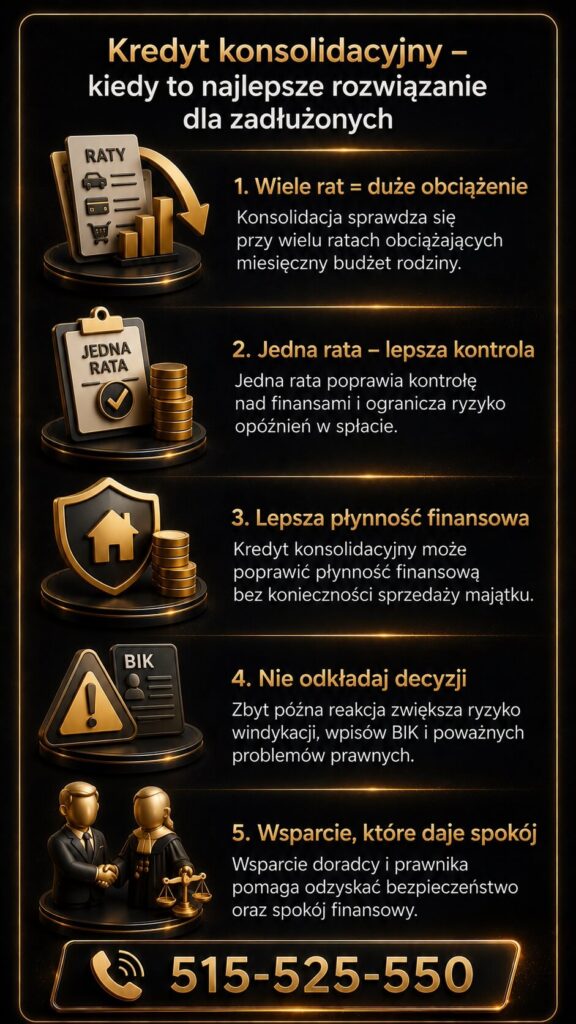 Kredyt konsolidacyjny jako rozwiązanie dla osób zadłużonych i mających wiele rat. Infografika pokazuje korzyści jednej raty, poprawę płynności finansowej, ograniczenie ryzyka opóźnień oraz wsparcie doradcy kredytowego i prawnika w procesie oddłużania.