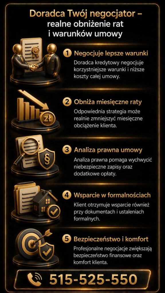 Konsolidacja zobowiązań z pomocą doradcy kredytowego negocjującego lepsze warunki umowy i niższe raty. Grafika pokazuje analizę prawną dokumentów, wsparcie przy formalnościach oraz zwiększenie bezpieczeństwa finansowego klienta.