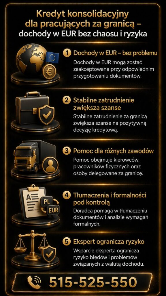 Kredyt konsolidacyjny dla osób pracujących za granicą i zarabiających w EUR. Infografika przedstawia akceptację dochodów zagranicznych, stabilne zatrudnienie, pomoc dla kierowców i wsparcie przy tłumaczeniach oraz formalnościach kredytowych.
