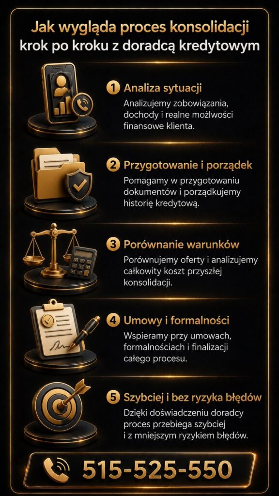Kredyt konsolidacyjny krok po kroku z pomocą doradcy kredytowego i prawnika. Infografika prezentuje analizę sytuacji finansowej, przygotowanie dokumentów, porównanie kosztów, formalności oraz wsparcie w bezpiecznym przejściu całego procesu konsolidacji.