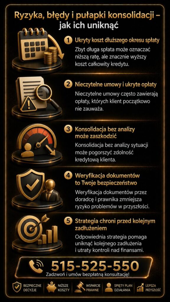 Refinansowanie i konsolidacja zadłużenia z analizą ryzyk, ukrytych kosztów oraz błędów mogących pogorszyć zdolność kredytową. Grafika pokazuje znaczenie strategii spłaty, weryfikacji dokumentów i ochrony przed kolejnym zadłużeniem.