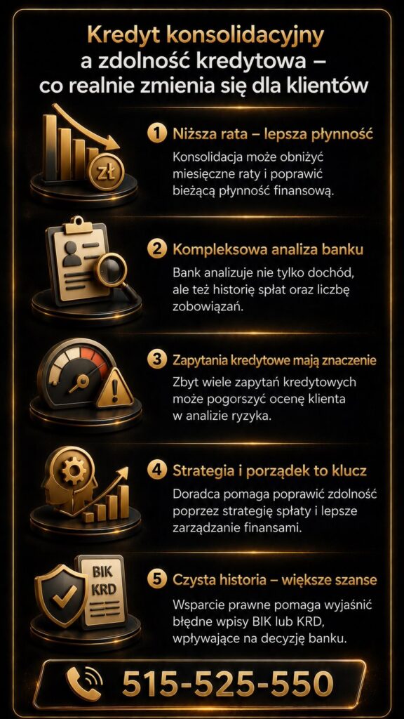Kredyt konsolidacyjny a zdolność kredytowa klienta w 2026 roku. Grafika pokazuje wpływ niższej raty na płynność finansową, analizę historii spłat, znaczenie zapytań kredytowych oraz pomoc przy korekcie wpisów BIK i KRD przez eksperta.